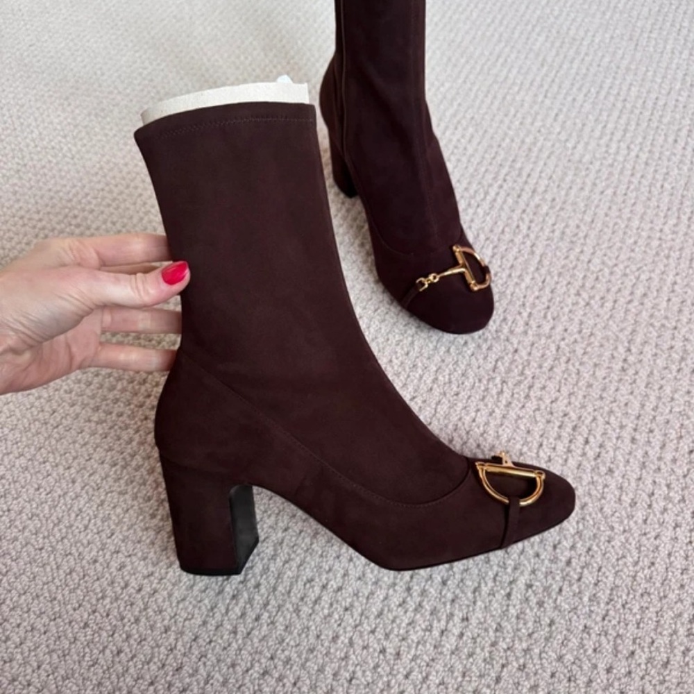 Gucci Chocolate Heeled Boots with Gold Buckle